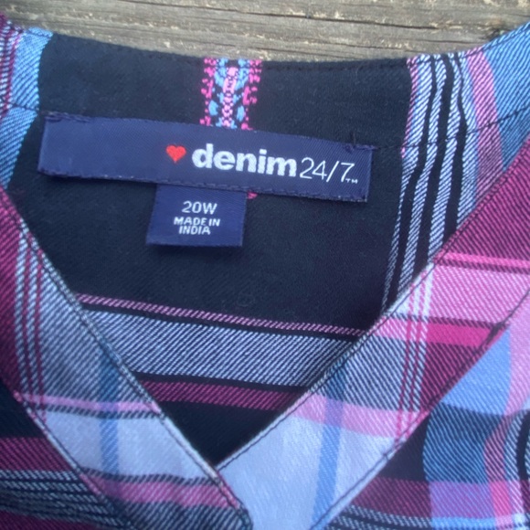 Denim 24/7 soft Cotton plaid blouse feminine style button tab sleeves 20W NEW - Picture 6 of 13